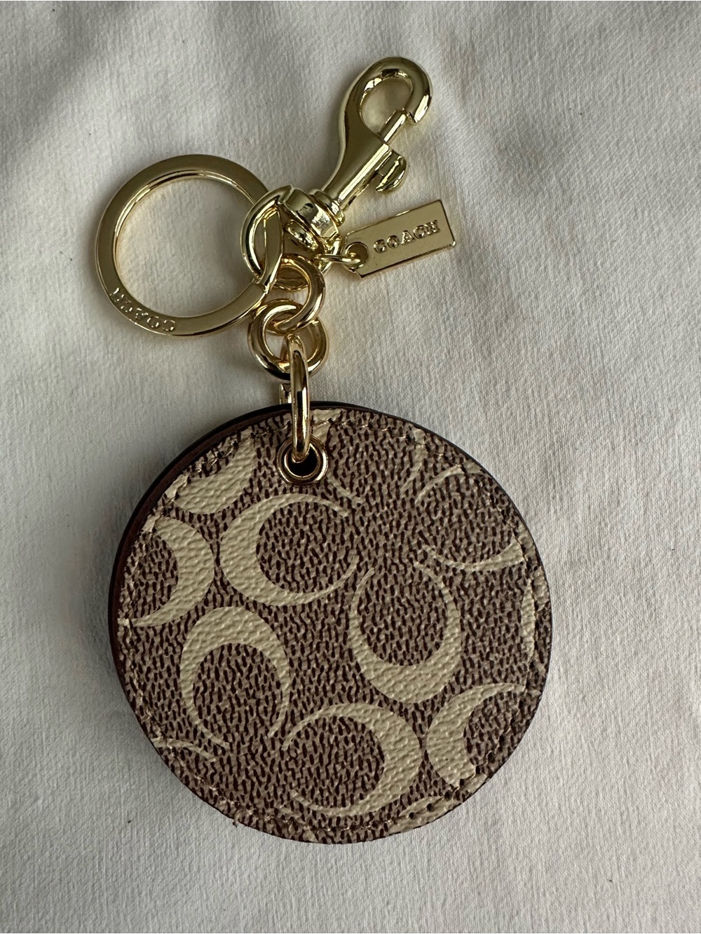 Coach Signature Round Leather Keychain - Brown/Cream with mirror